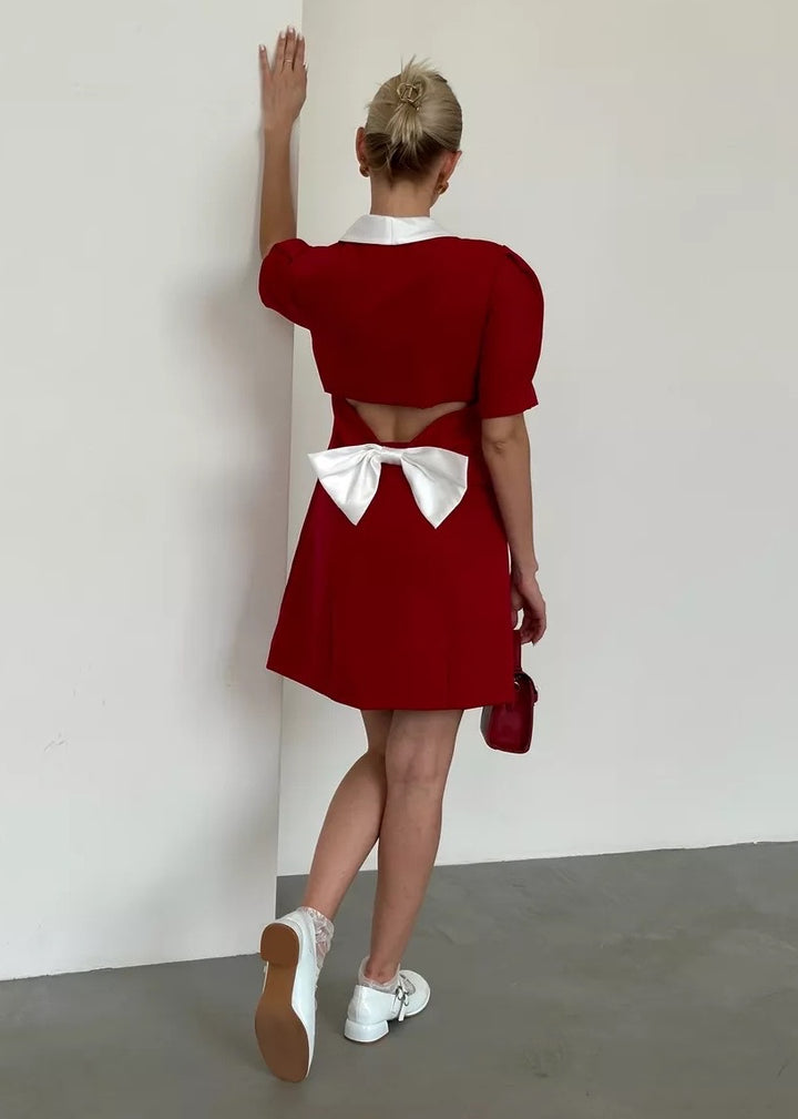 Contrast Bow Decor Short Sleeve Mini Dress