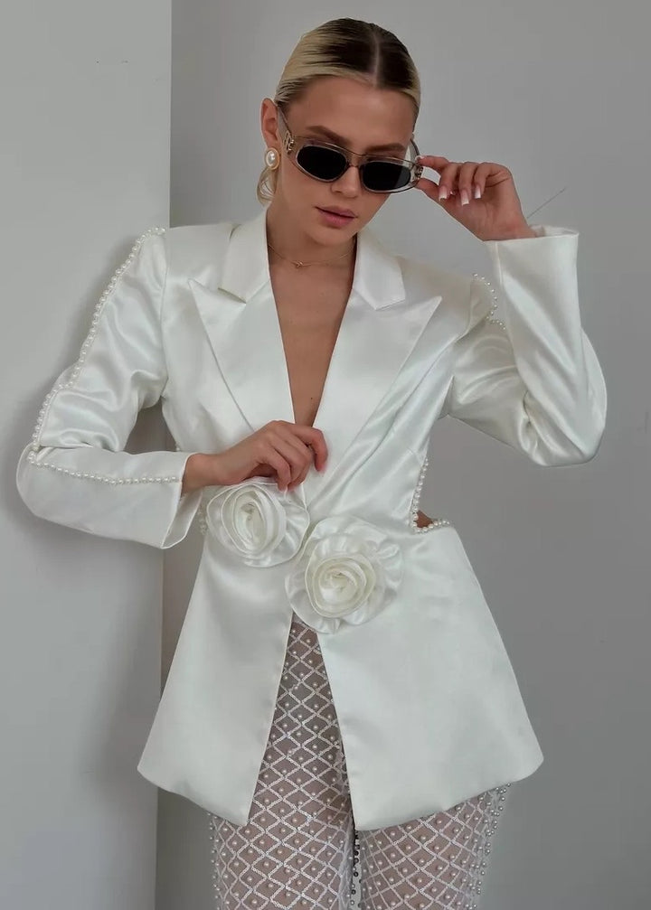 Cut-Out Satin Blazer & Pants Pearl Decor Party Set