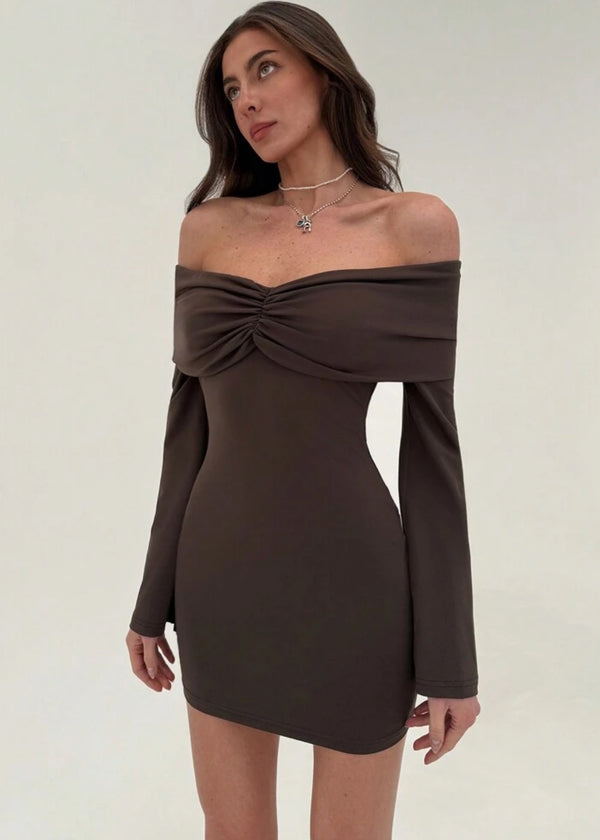 Off-Shoulder Ruched Long Sleeve Mini Dress