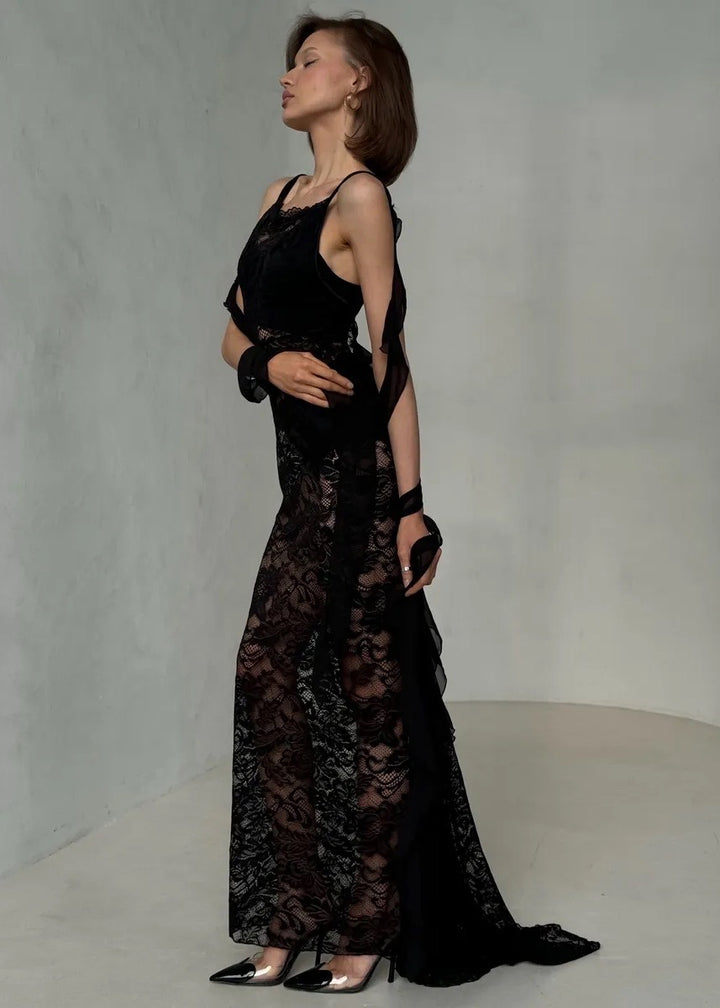 Lace Overlay Backless Maxi Dress with Ribbon Accents