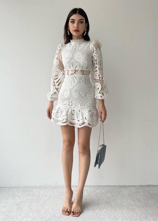 Lantern Sleeve Crochet Lace Ruffled Hem Mini Dress