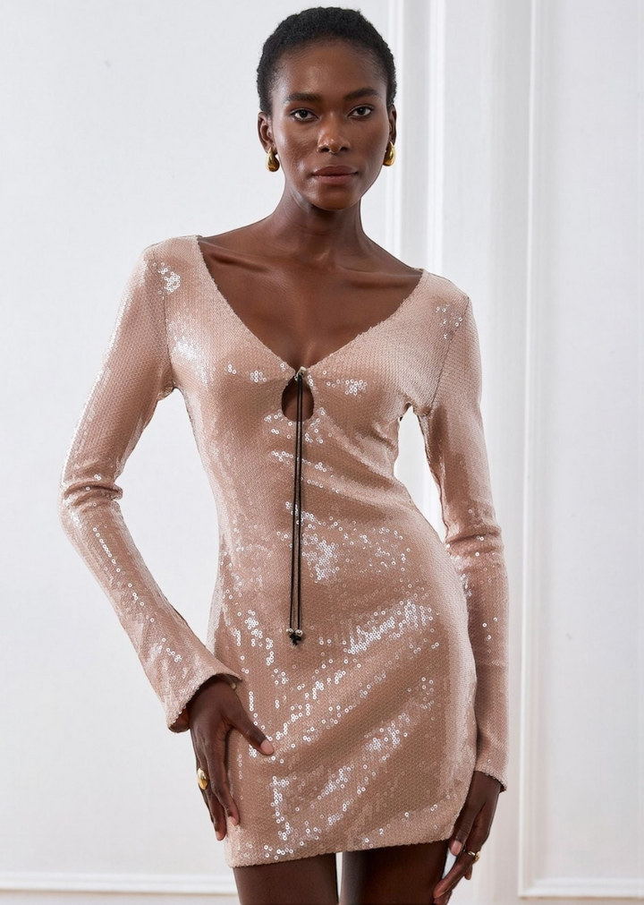 Lace-Up Neckline Long Sleeve Sequin Dress