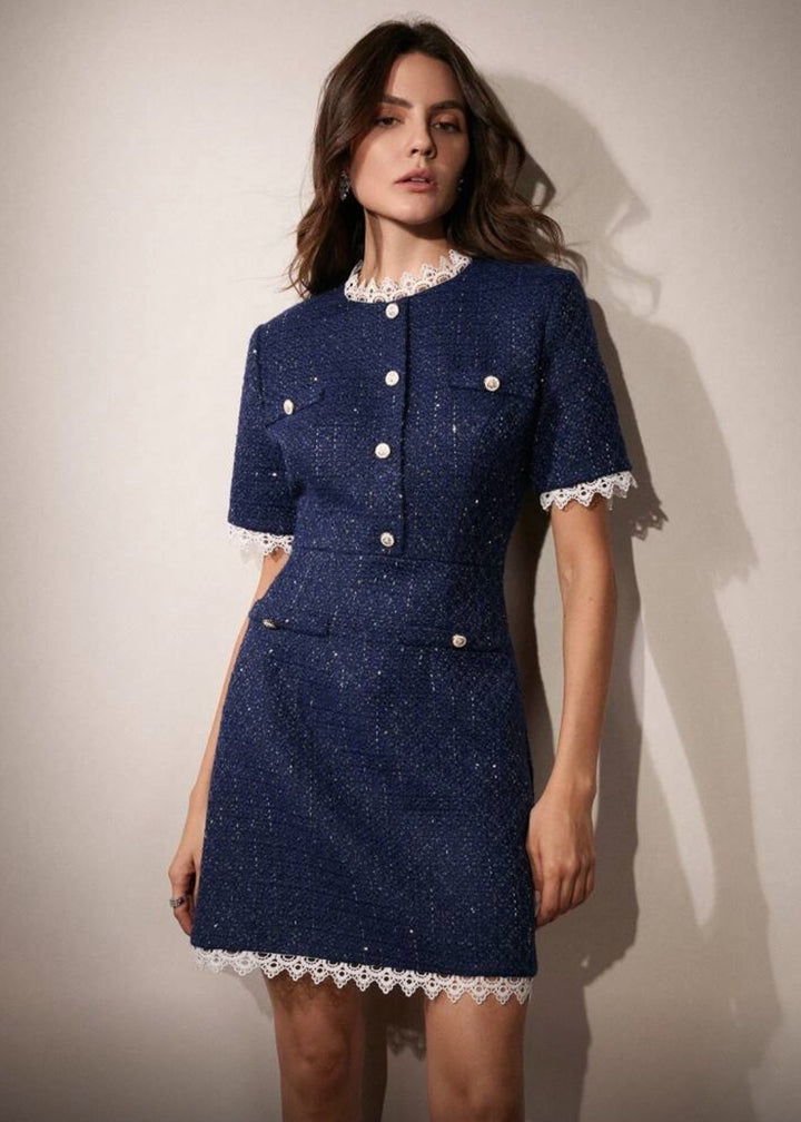 Tweed Button Front Lace Trim Mini Dress