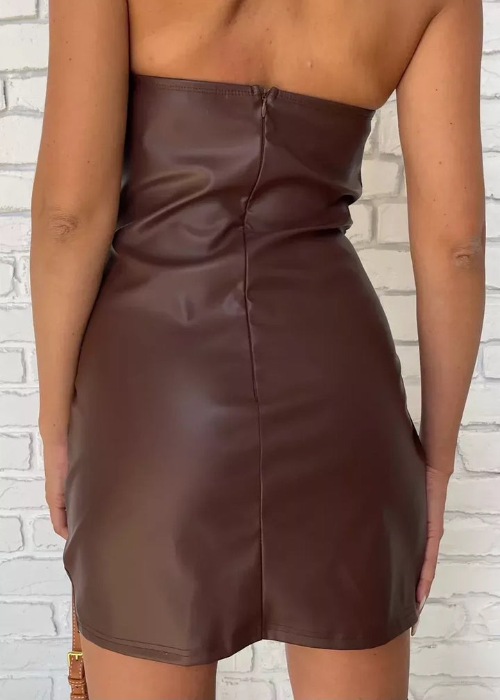 Eco-Leather Ruched Strapless Mini Dress