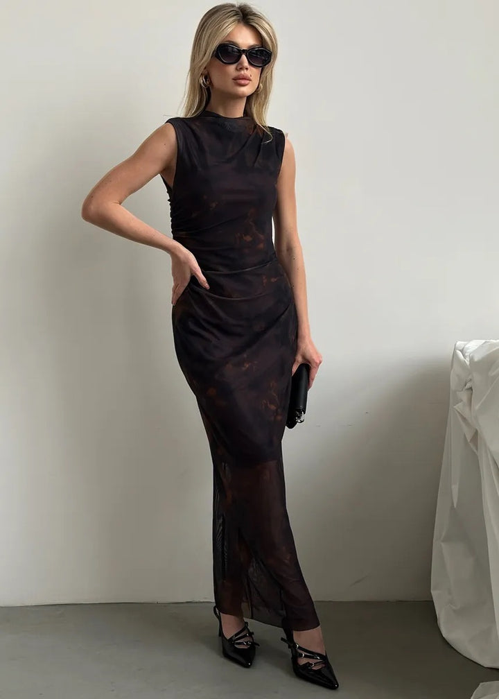 Sleeveless Maxi Dress with Ruched Sides and Tie‑Dye Print