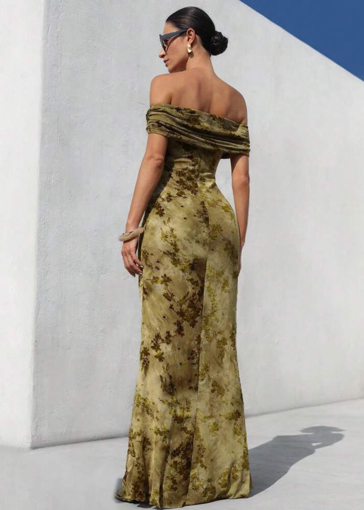 Floral Print Ruched Off-Shoulder Gown