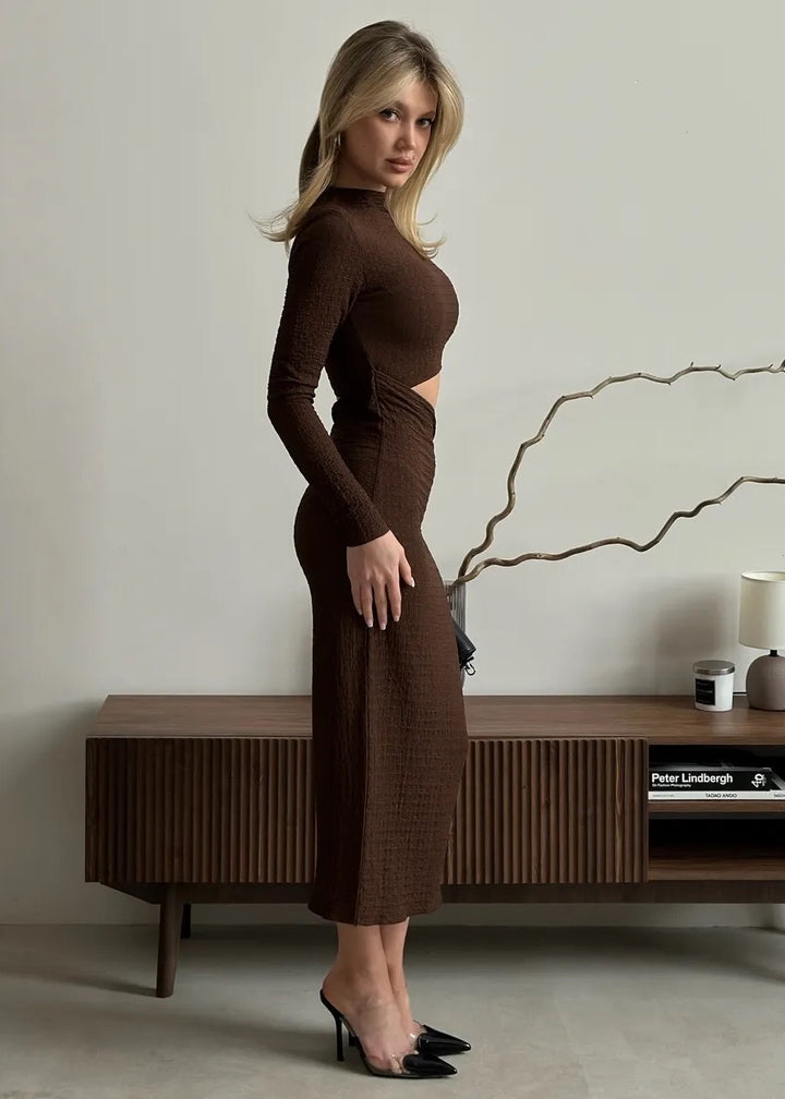 Mock Neck Long Sleeve Cutout Midi Dress