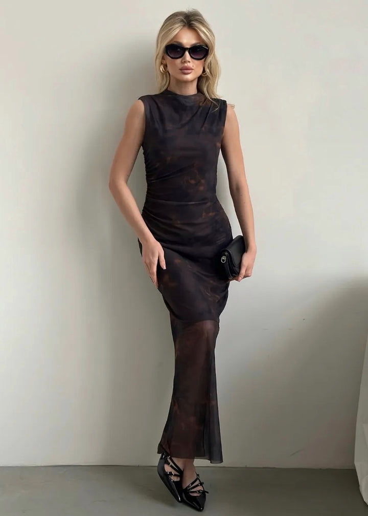 Sleeveless Maxi Dress with Ruched Sides and Tie‑Dye Print