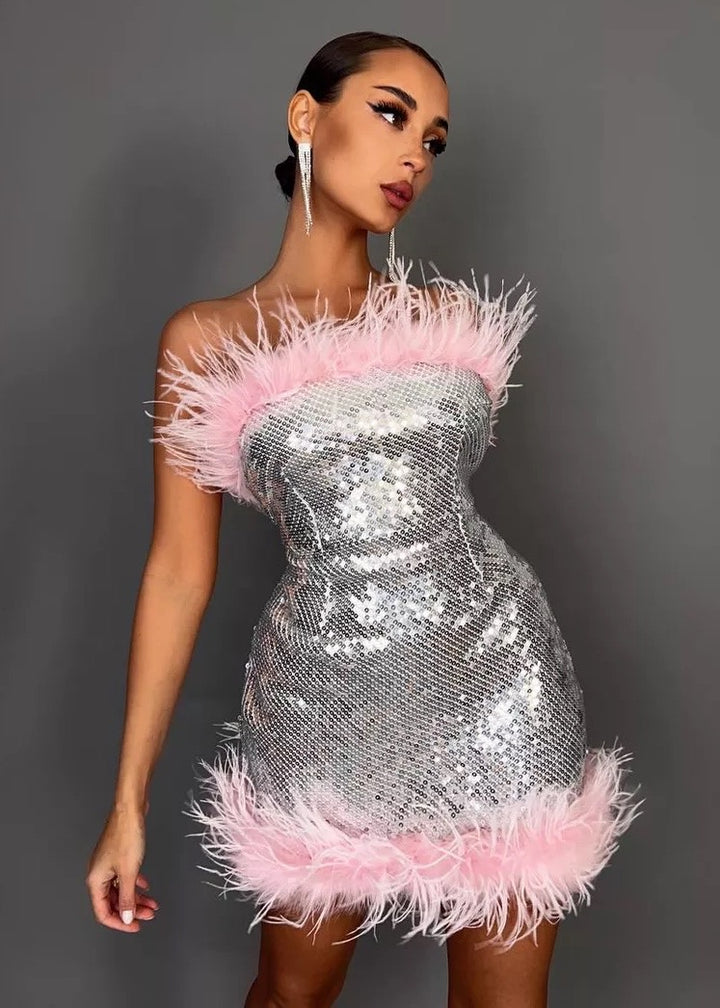 Strapless Sequin Feather Trimmed Mini Dress