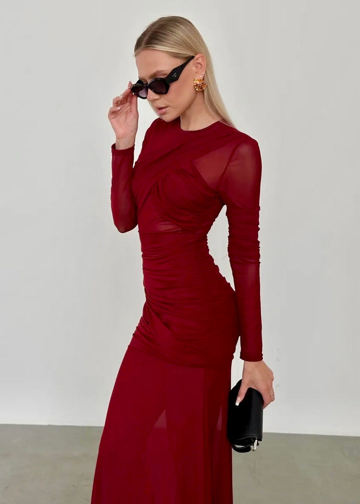 Long Sleeve Ruched Mesh Maxi Dress