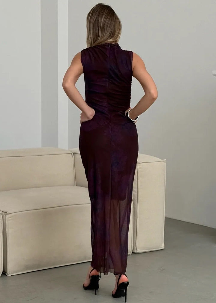 Sleeveless Maxi Dress with Ruched Sides and Tie‑Dye Print