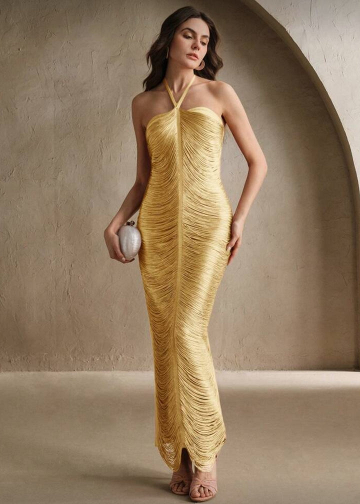 Halterneck Fringe Trim Open Back Gown