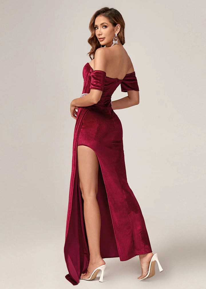 Split Thigh Off Shoulder Velvet Formal Gown