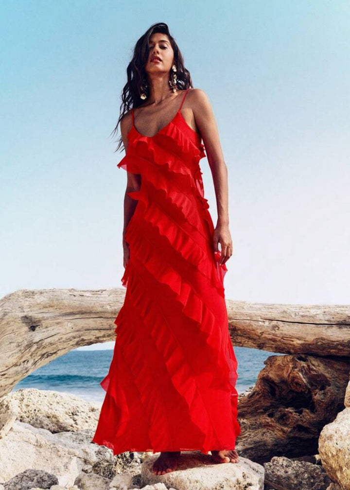 Ladder Ruffle Chiffon Maxi Dress