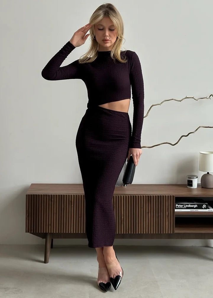 Mock Neck Long Sleeve Cutout Midi Dress