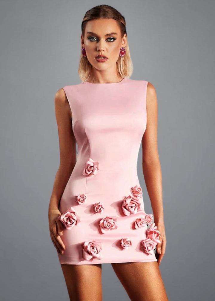 Sleeveless 3D Flower Decor Satin Mini Dress
