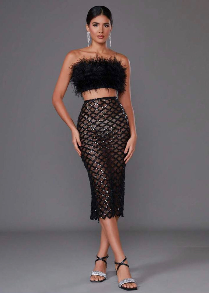 Fuzzy Trim Crop Tube Top & Sequin Pencil Skirt