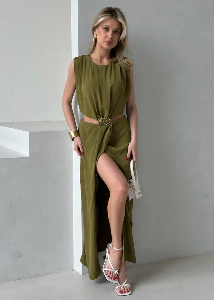 Buckle Detail Cutout Sleeveless Maxi Dress