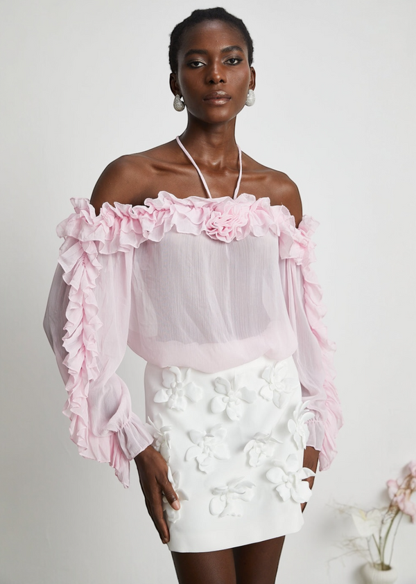 Off Shoulder Ruffle Trim Halter Neck Blouse