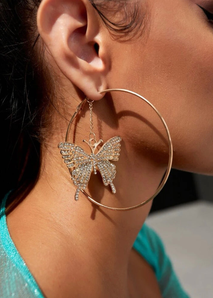 Rhinestone Butterfly Decor Circle Earrings