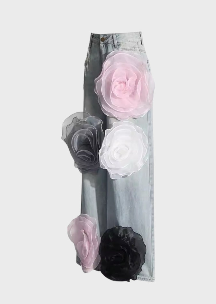 Florine Organza Flower Decor Jeans