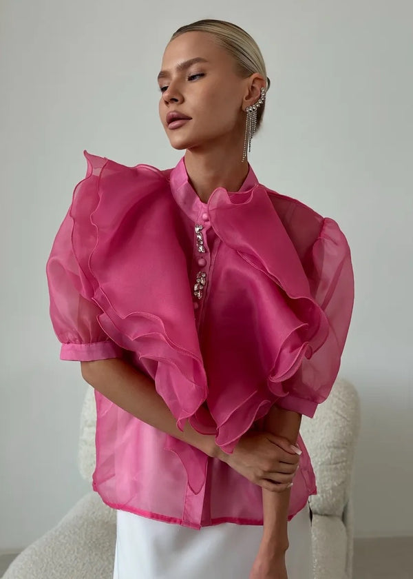 Puff Sleeve Ruffled Organza Blouse