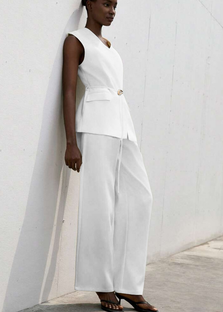 Sleeveless V-Neck Pocket Belted Vest