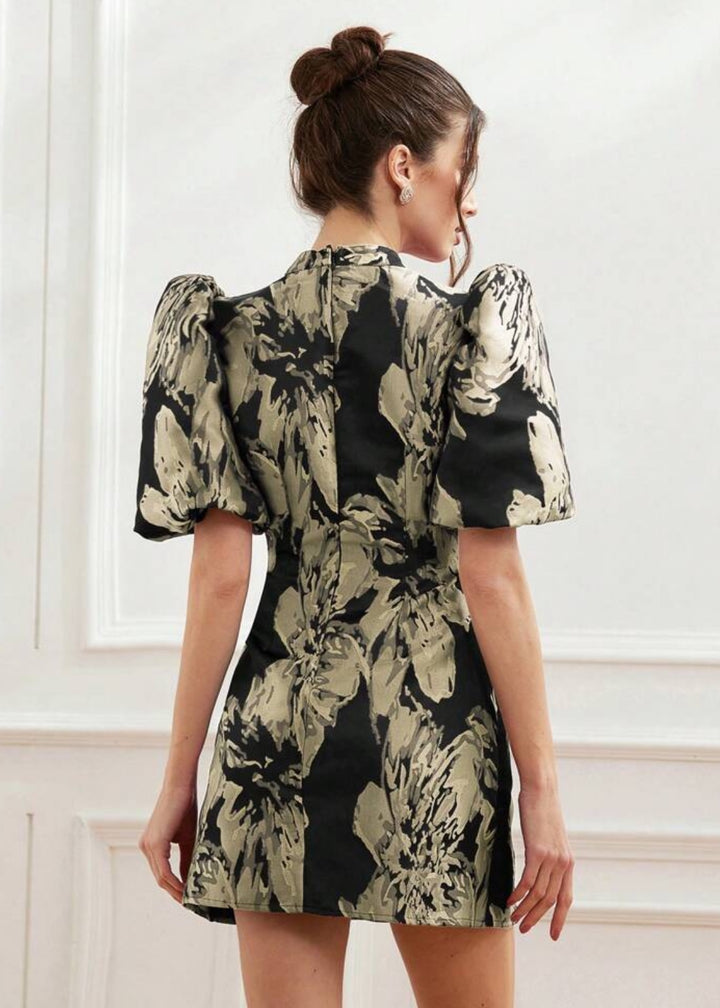 Jacquard Puff Sleeve Mock Neck Dres