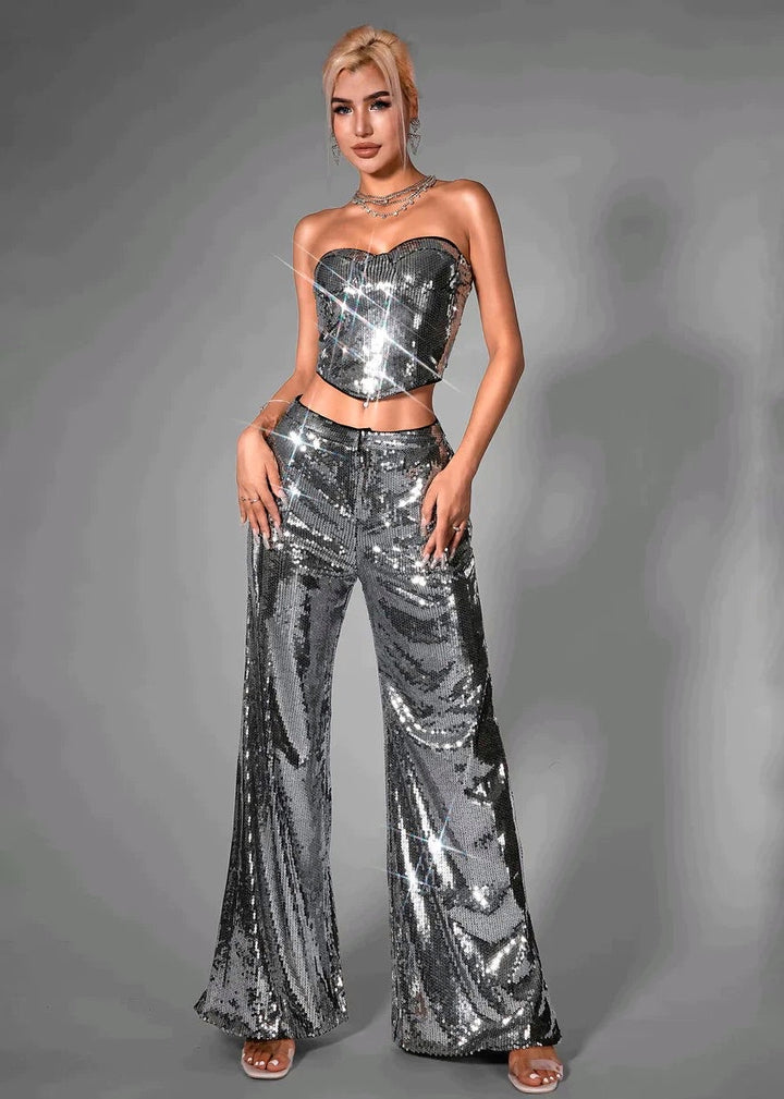 Strapless Top and Pants Two-Piece Sequined Set