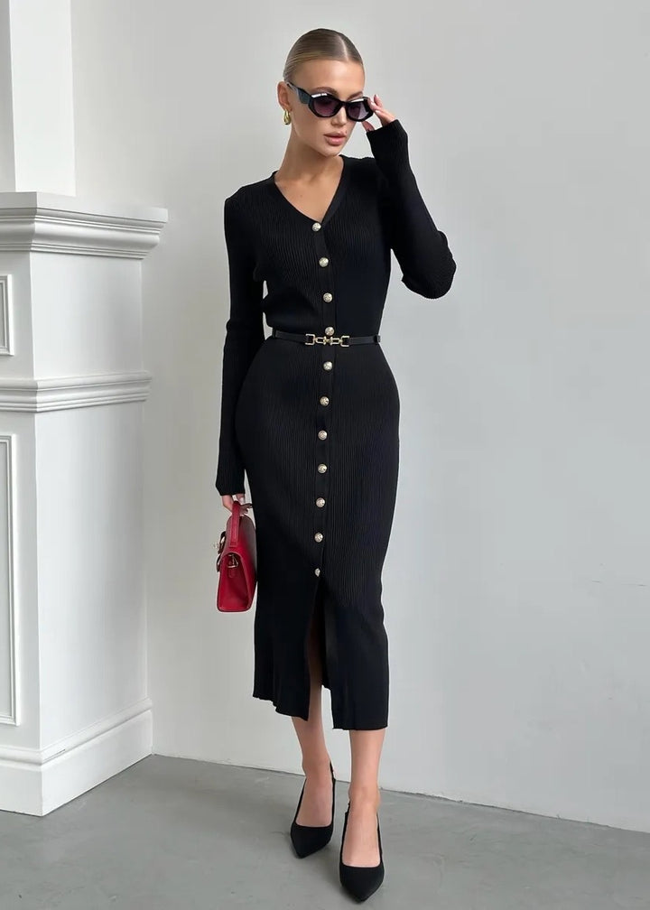 Buttoned Front Belted Knit Midi Dress