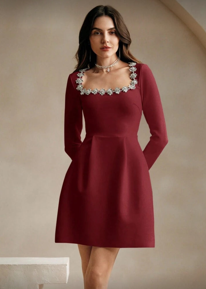 Square Neck Crystal Embellished Long Sleeve Mini Dress