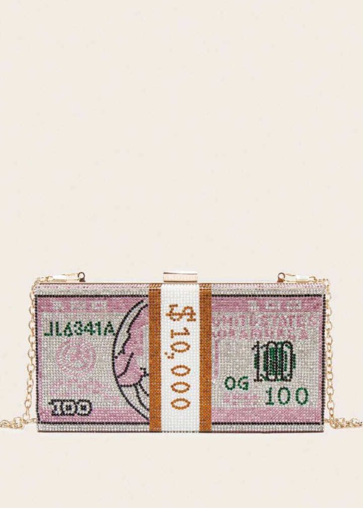 Dollar Pattern Rhinestone Clutch Bag