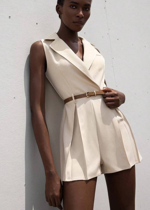 Sleeveless Notched Lapel Blazer Romper with Belt