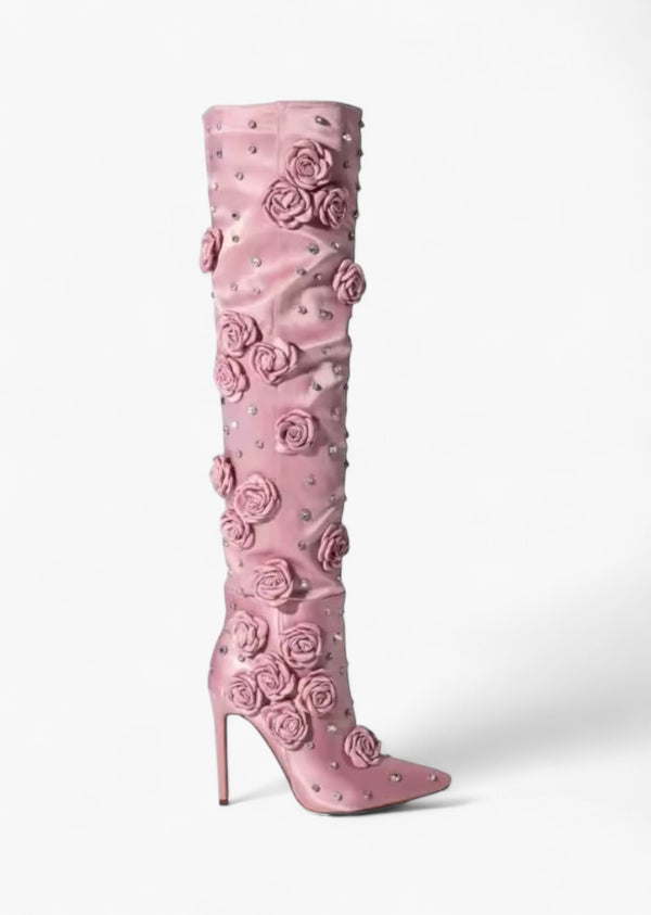 3D Roses & Rhinestone Decor Satin Boots