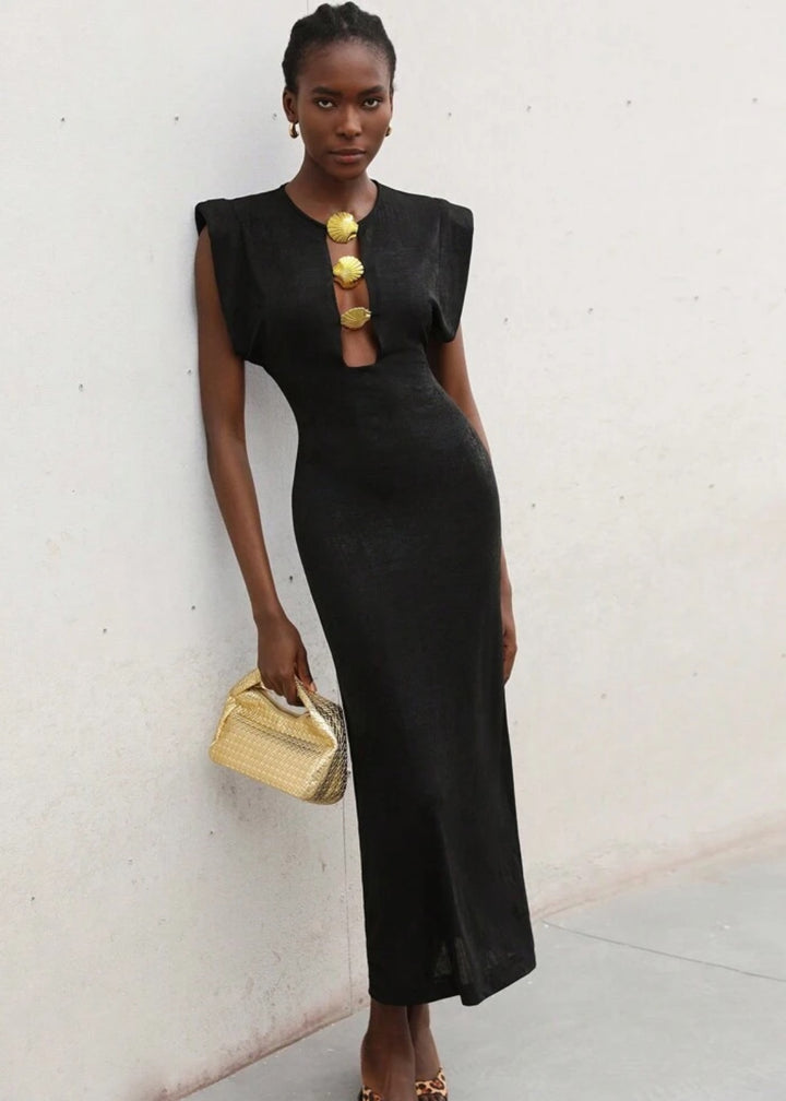 Seashell Button Maxi Shoulder Pad Dress