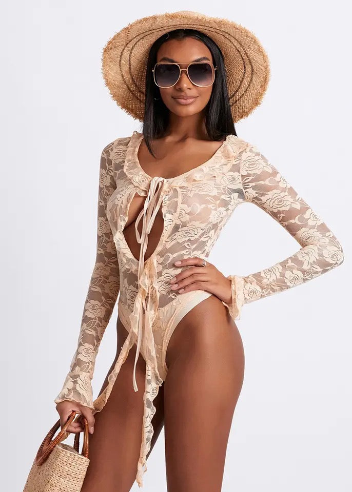 Front-Tied Ruffle Trim Long Sleeved Lace Bodysuit