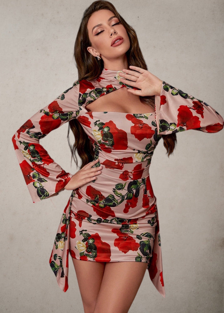 Floral Printed Turtlleneck Hollow Out Dress