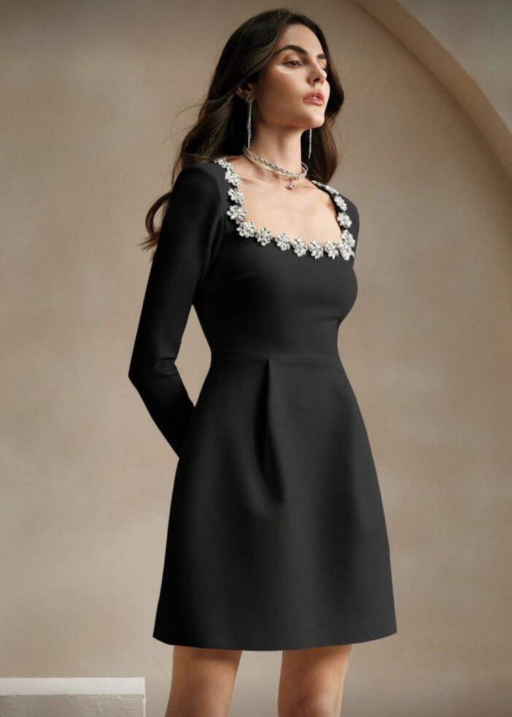 Square Neck Crystal Embellished Long Sleeve Mini Dress