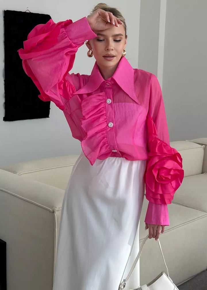 Tailed Collar Bishop Sleeve Ruffle Blouse