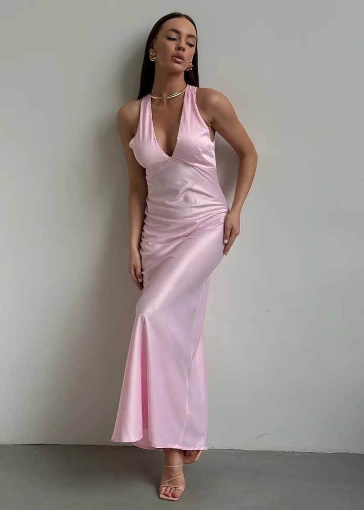 Crisscross Back V-Neck Satin Maxi Dress