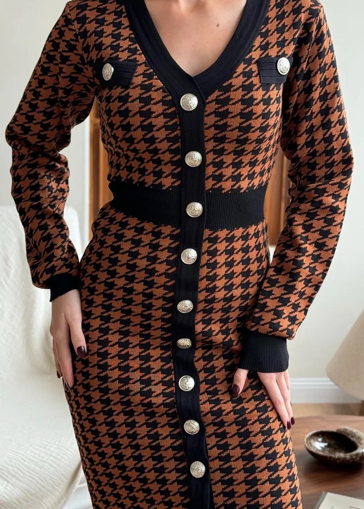 V-Neck Button Decor Houndstooth Midi Dress