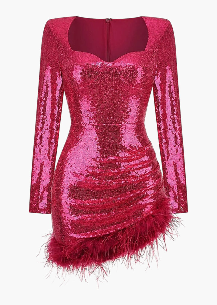 Sweetheart Neck Long Sleeve Feather Trim Bodycon Sequined Dress