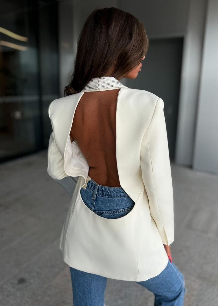 Deep V-Neck Rhinestone Decor Backless Blazer Dress