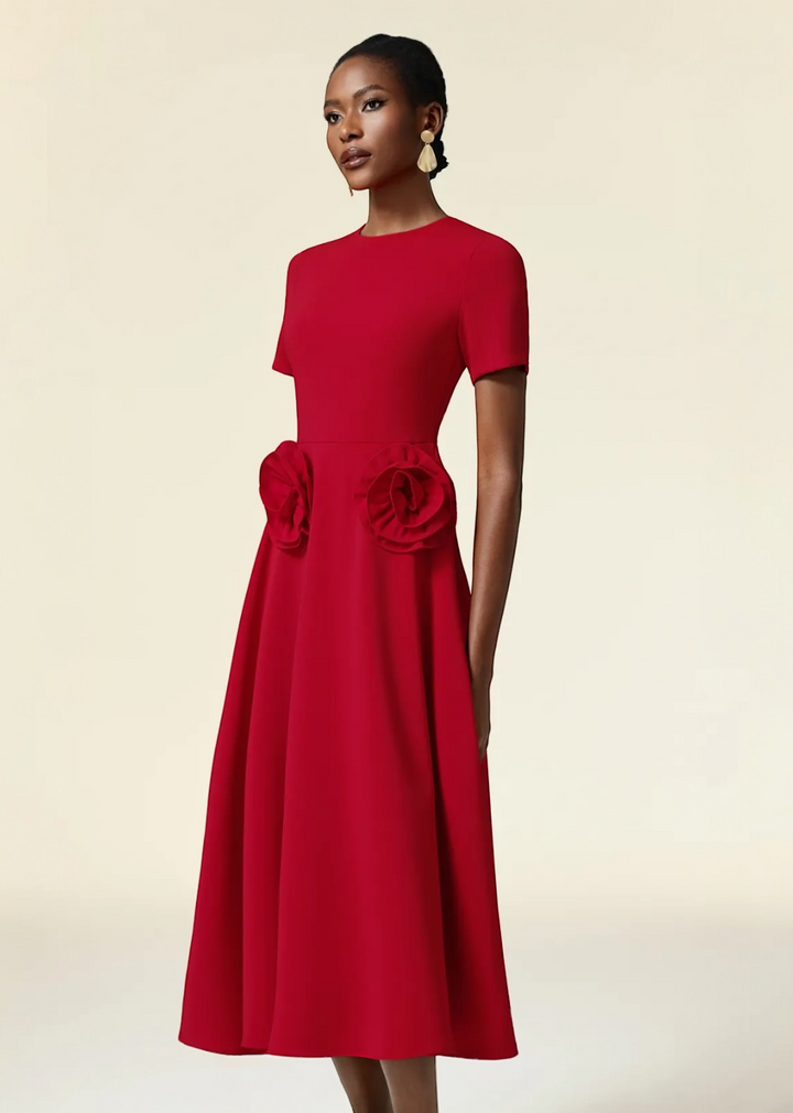 Waist Roses Short Sleeves Flared Skirt Midi Dress