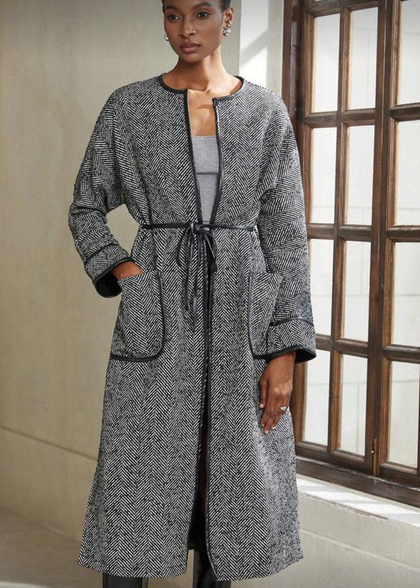 Textured Collarless Tie Waist Maxi Coat