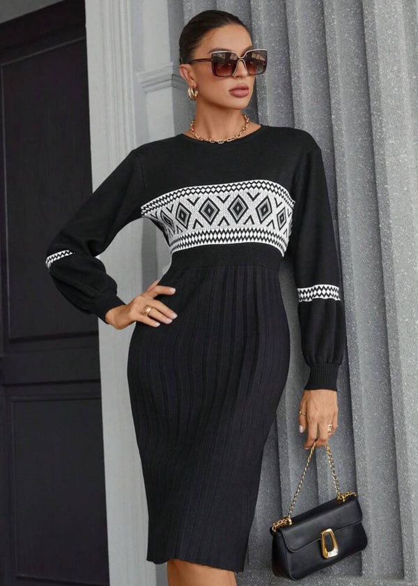 Crew Neck Long Sleeve Geometric Print Dress