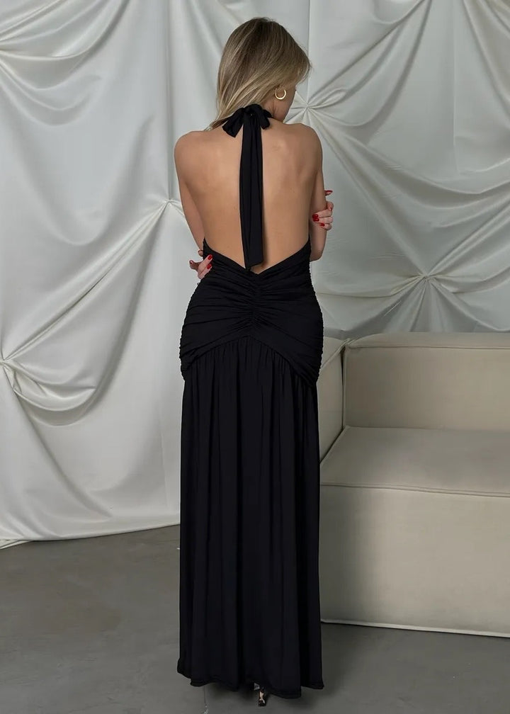 V-Neck Halter Backless Ruched Maxi Dress