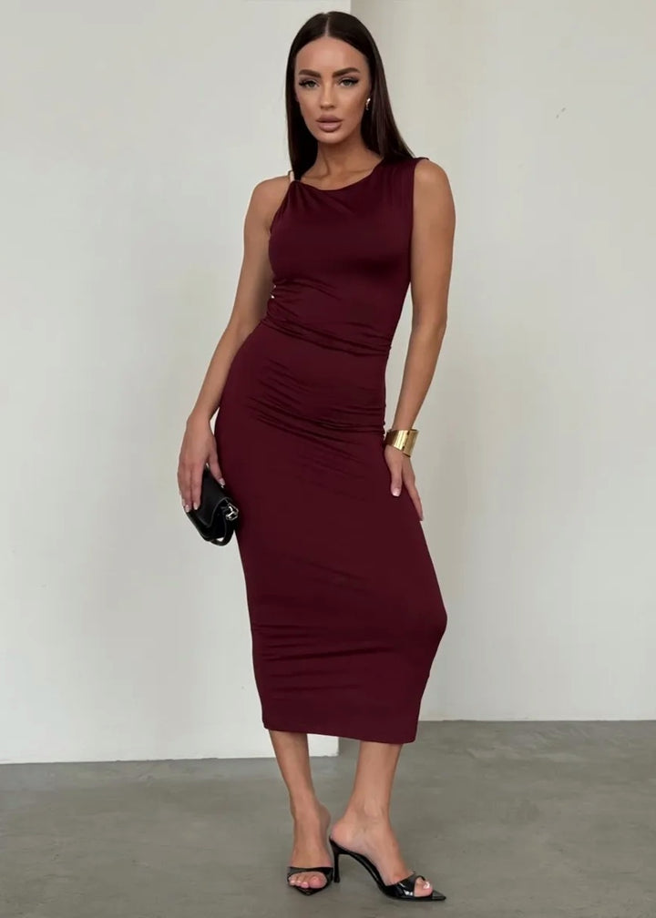 Draped Midi Dress with Gold Accent