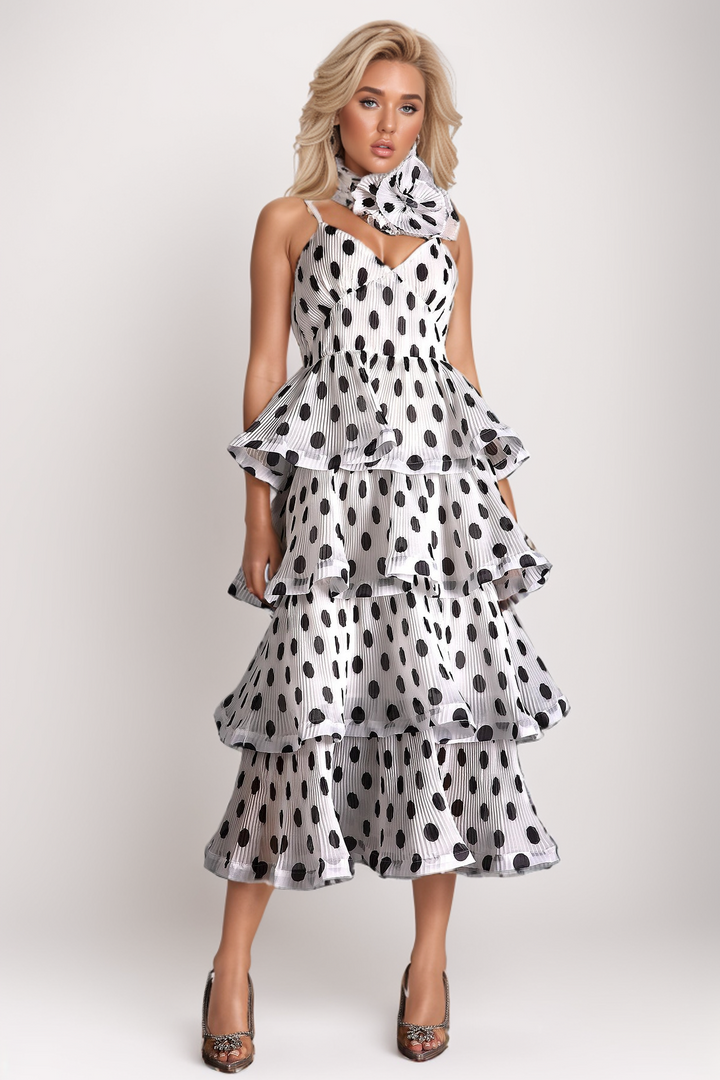 Emilia Polka Dot Print Cascade Dress with Choker