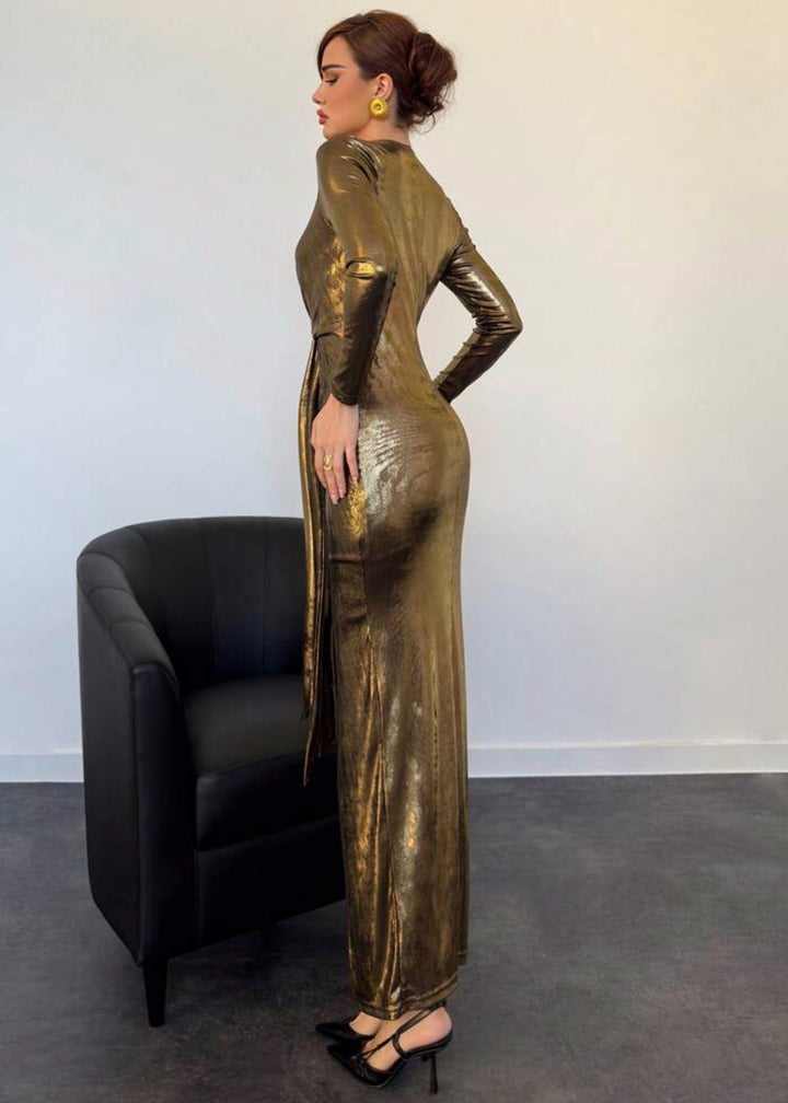 V-Neck Ruched Slit Wrap Metallic Dress